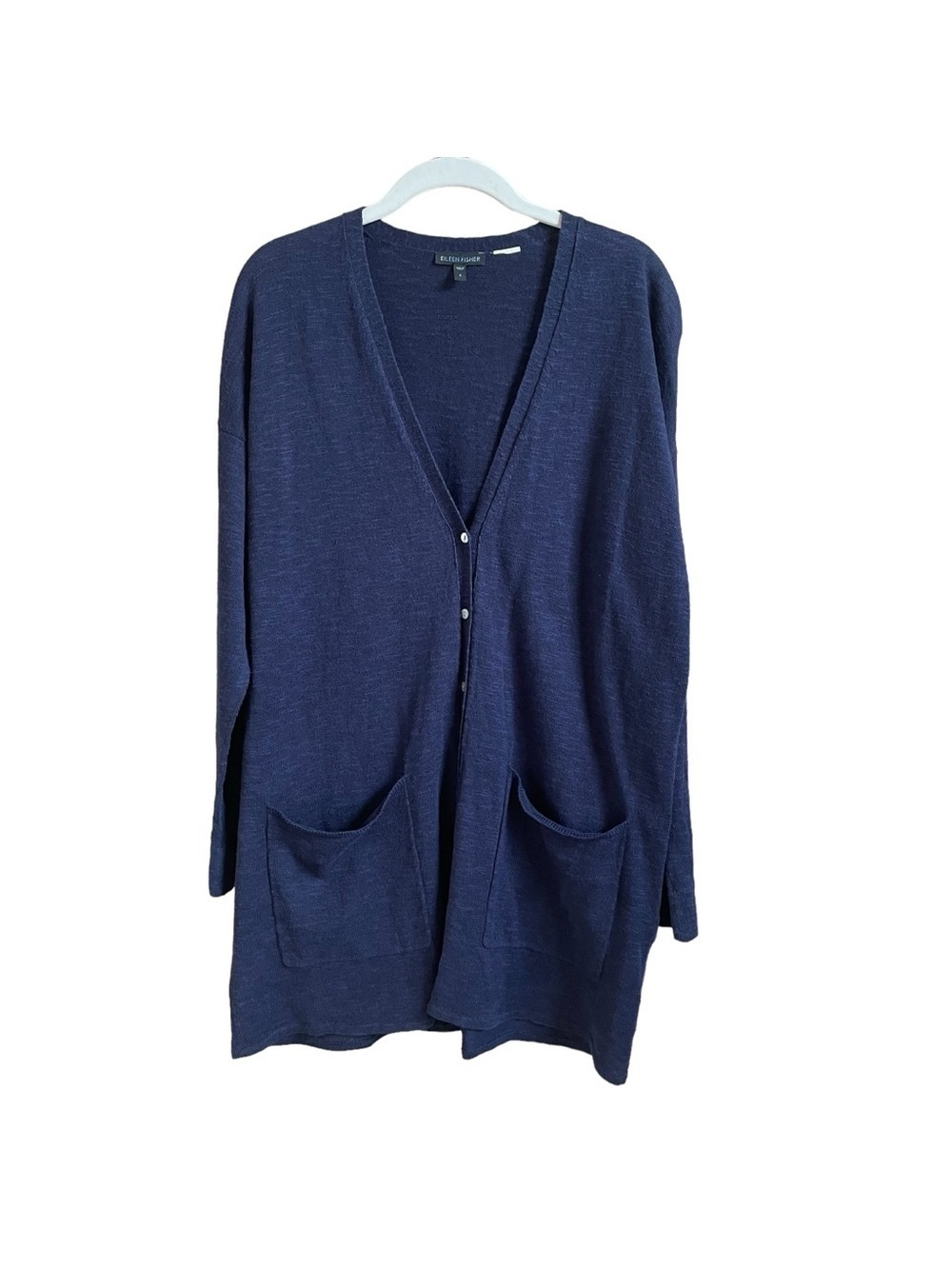 Eileen Fisher Organic Linen Cotton Navy Blue Cardigan Small Coastal Minimalist